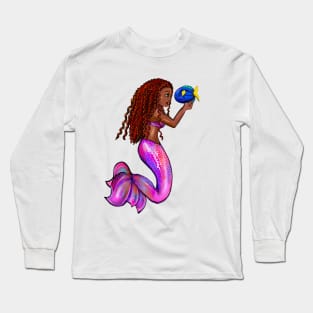 African American mermaid with flowing red locs and blue tang fish, Afro hair and caramel brown skin. Black mermaids Long Sleeve T-Shirt